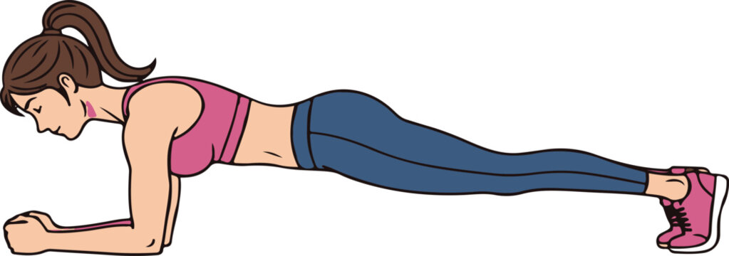 A young woman in sportswear performing a static forearm plank exercise on a white background