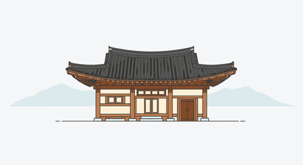 Detailed Illustration of a Traditional Korean Hanok House.