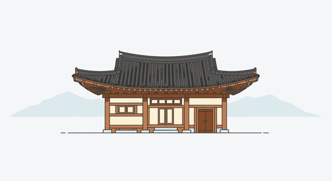 Detailed Illustration of a Traditional Korean Hanok House.