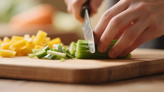 Close-up of skilled hands meticulously chopping fresh green celery stalks on a rustic wooden cutting board, preparing healthy ingredients for a nutritious home-cooked meal