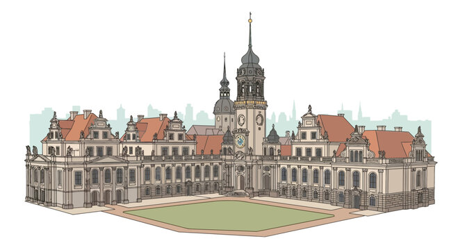 Detailed illustration of Dresden Castle a historic landmark in Germany.