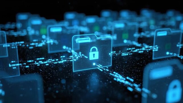 Cybersecurity: A digital landscape illuminates with secure data files, each shielded by a lock, symbolizing robust protection. The networked files connect.