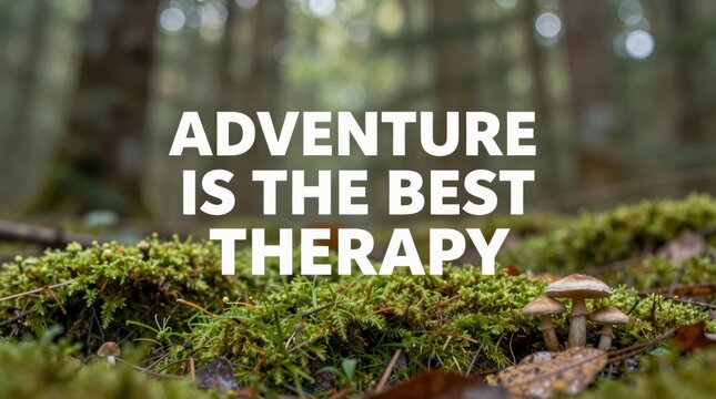 Words on a forest floor call for adventure and encourage outdoor therapy in nature's embrace