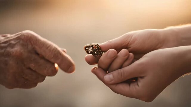 Passing on the baton: a symbolic moment, a hand-to-hand exchange, signifying continuity, heritage, and the passing of knowledge. A close-up shot capturing the essence of time.