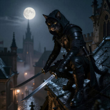 A cinematic photograph of a lithe feline humanoid assassin, crouched low on a rain-slicke