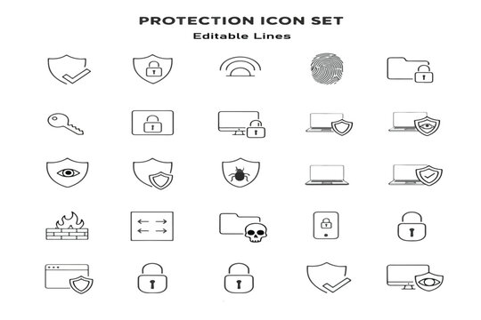 High-quality editable line icon pack showcasing essential security concepts such as firewall, encryption, malware protection, and device safety, ideal for tech branding and interface design.
