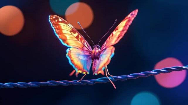 Vibrant butterfly in flight transitioning across twisted rope against colorful bokeh background