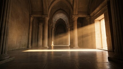 Obraz premium Serene Ancient Hall with Sunlight Streaming Through Arched Doorway and Columns in Stone Architecture