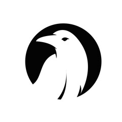 Fototapeta premium Minimalist Black and White Raven Head Logo in Circle, Negative Space Vector Illustration