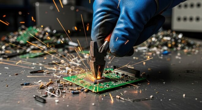 A person in a blue glove is using a tool to cut through a circuit board with sparks flying.