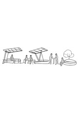 Obraz premium Minimalist Urban Hub. Community hubs. Minimalistic one-line drawing open urban spaces with solar canopies and