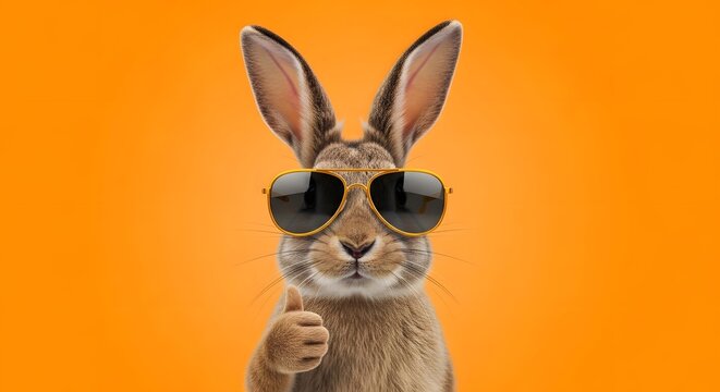 Cool easter bunny wearing sunglasses on a bright orange background celebrating easter