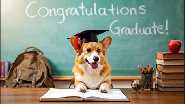 Cute graduation corgi dog with cap in classroom setting for educational themes. Online courses, distant education, graduation greeting, 