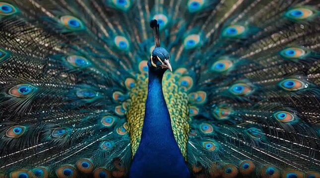 Vibrant peacock displaying its stunning iridescent blue and green tail feathers in full splendor
