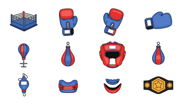 Boxing Equipment Icons: Ring, Gloves, Punching Bags, Headgear, Mouthguard, Belt
