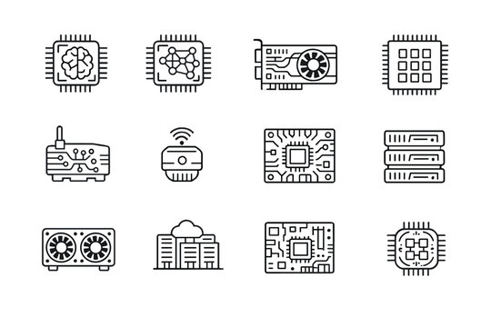   Outline icon set of AI hardware: AI accelerator, neural chip, GPU unit, tensor processor,