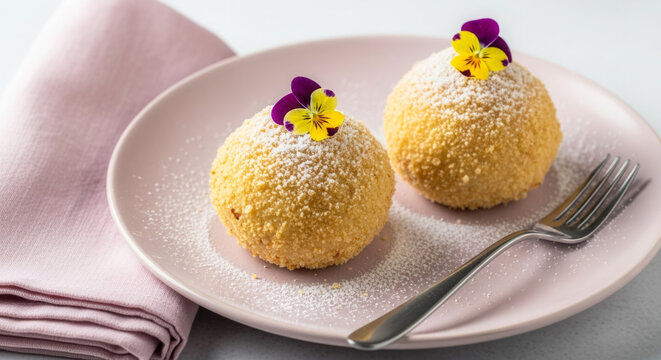 Austrian plum dumplings on pastel plate, Easter dessert and spring garnish with floral decoration