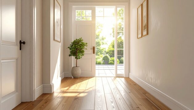 New contemporary luxury apartment interior featuring an open living space with parquet floors, glass windows, and a modern architectural design in an empty indoor room with a view