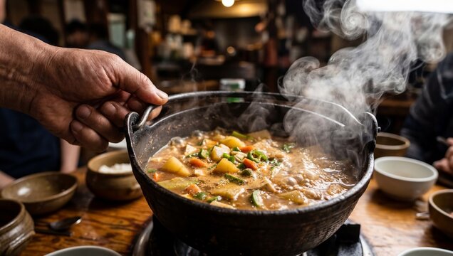 끓어오르는 된장찌개 냄비를 든 손의 역동적인 클로즈업 이미지.