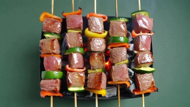 Close-up of grilled meat and vegetable skewers on a dark green background.