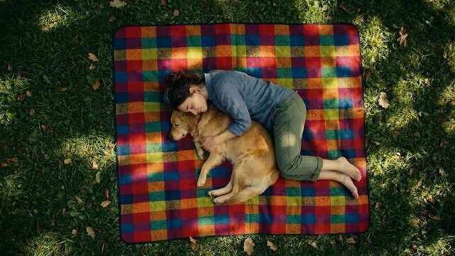 Best Friends Napping Woman and Golden Retriever on Colorful Blanket.