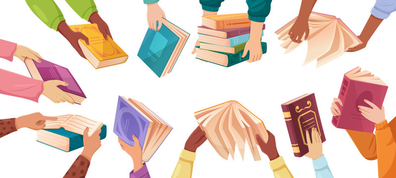 Hand holding book vector set - open and closed volumes in cartoon style. Library collection with paper pages, student study materials and reading club designs for school education projects.