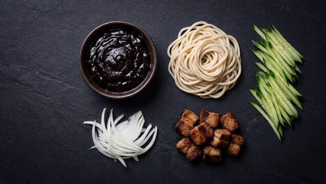 짜장면 핵심 재료들이 어두운 배경 위에 놓인 추상적인 구성