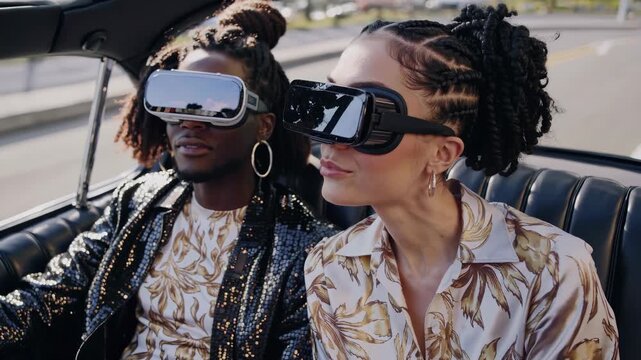 woman and companion wear headset and vr in car convertible. virtual reality experience with seatbelt on road. fashionable outfit and jewelry complement technology and lifestyle. accessory display mix.