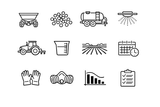   Fertilizer Application. Line outline icon set of Fertilizer Application: fertilizer spreader