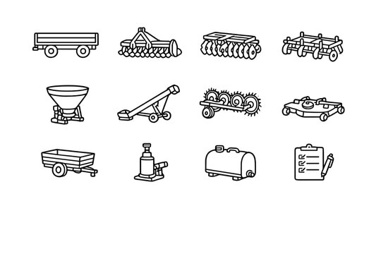   Farm Equipment. Line outline icon set of Farm Equipment: tractor trailer, rotary tiller,
