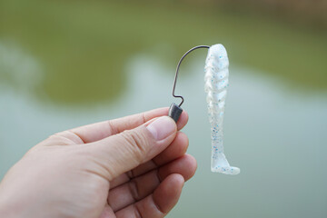 Close-up of hand holding a soft plastic fishing lure on a hook with weight, ready for freshwater angling, highlighting tackle detail and preparation for catching fish in nature.
