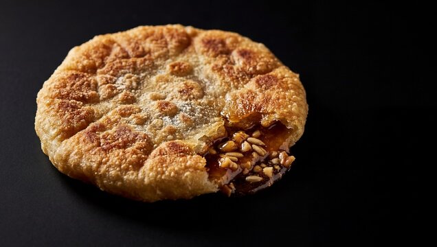 시럽과 견과류가 흘러나오는 호떡의 접사, 어두운 배경 위 평면 구성.