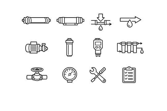   Reverse Osmosis. Line outline icon set of Reverse Osmosis: RO membrane module, pressure