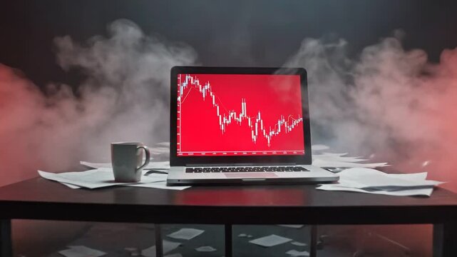 Market Meltdown: A laptop displaying a red downward trend chart sits ominously atop a desk, surrounded by scattered paperwork and a cup, all enveloped in an ominous cloud.