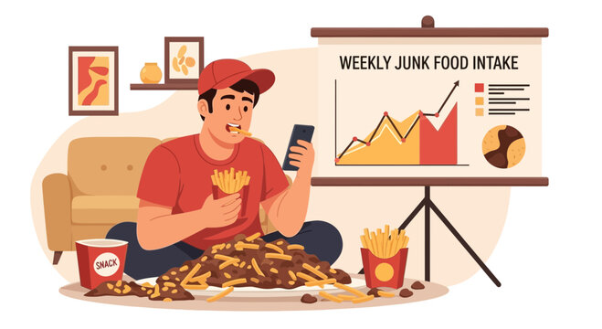 Man engrossed in phone surrounded by junk food.