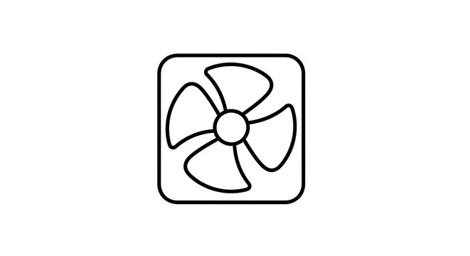A simple black and white line drawing of a square fan with four blades on a white background plain design