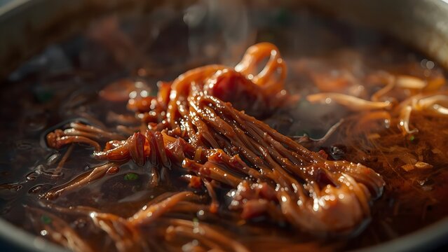 Close-up of flavorful braised mushrooms simmered in rich dark sauce with steam