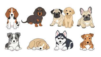 Fototapeta premium Cute Puppies Collection: Beagle, Dachshund, Pug, Labrador, French Bulldog, Husky, Border Collie