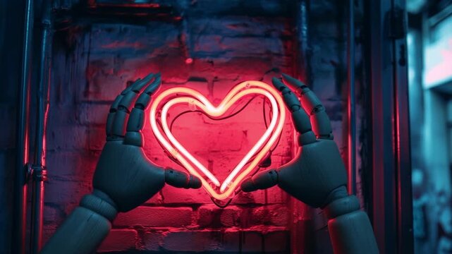 Dynamic neon heart glow: robotic hands shape modern love with luminous elegance