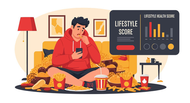 Sad young man surrounded by unhealthy fast food.