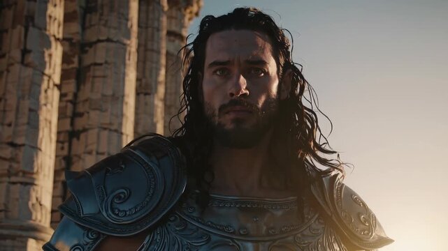 Man warrior stands in ornate armor. Closeup portrait shows bearded soldier and hero looking toward distance. Fighter gladiator vibe mixes with commander posture among ancient temple columns. Sunset.