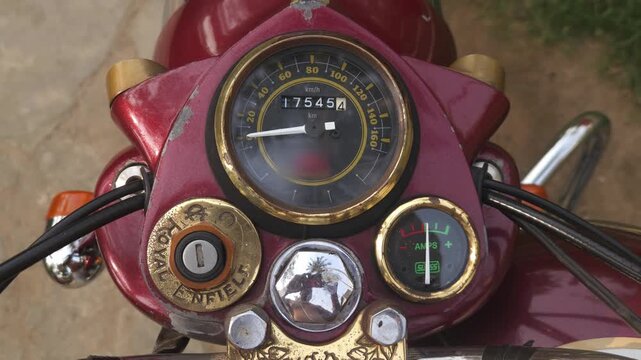 Close Up of Motorcycle Speedometer and Instrument Cluster, Classic Vintage Motorcycle Dashboard, Rider POV