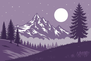 Silhouetted mountains pine trees and a bright full moon at night © PUNNABEGUM