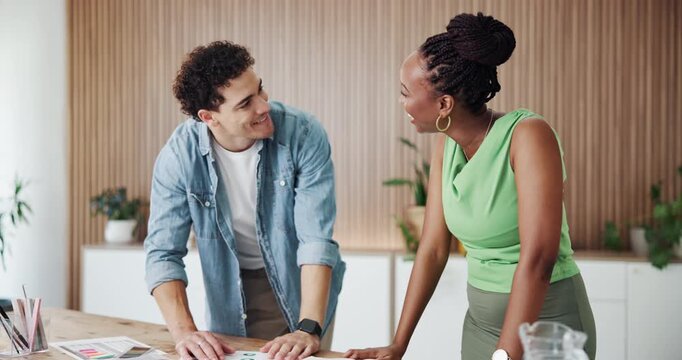 Discussion, high five or manager with employee in office, recognition or well done for campaign success. Feedback, achievement or marketing team celebrate for ads project stats, smile or brand growth
