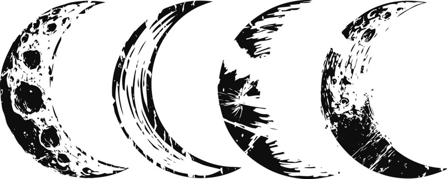 Black and white lunar phases illustration crescent, half, waxing and waning moon cycle sketch astronomy and night sky design