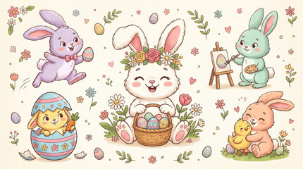 Obraz premium Kawaii Easter Bunny Character Set