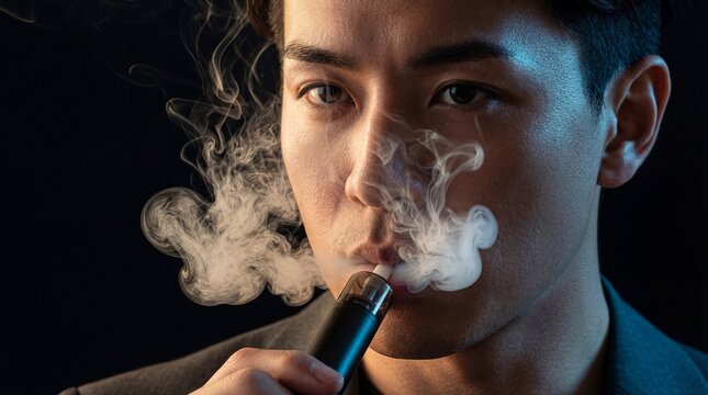 Exhaling Vapor from Electronic Cigarette with Cinematic Lighting on Black Background