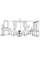 Fototapeta premium Minimalist Room Design. Timeless interiors. Minimalistic one-line drawing a balanced room layout with classic