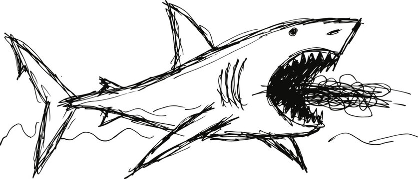 Hand drawn black ink sketch of a fierce shark with open mouth showing sharp teeth underwater