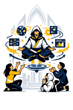 Techno-Spiritual Levitation. AI Prophets. Person levitating with glowing abstract algorithmic symbols orbiting